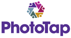 PhotoTap logo with icon circle of people making camera shutter