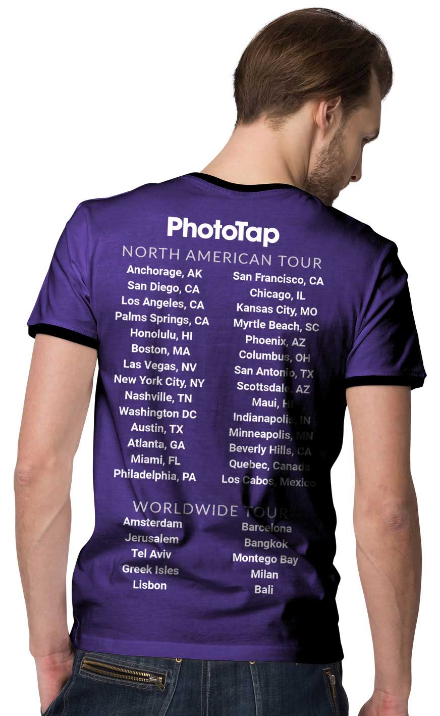 photo of a tour tshirt listing all locations PhotoTap has served