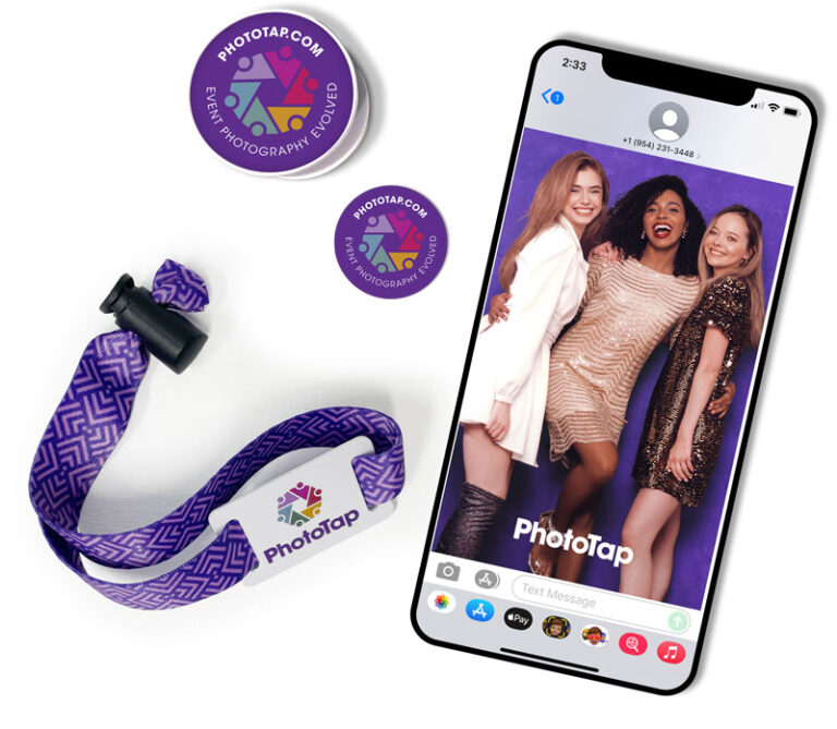 phototap wrist band, pop socket, sticker and smartphone showing event photography
